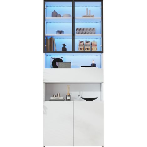 Vitrine haute 70 x 30 x 200 cm avec LED, 2 portes vitrées aluminium, 1 tiroir, rangement ouvert, blanc, meuble de salon et bureau compact - CHICFURN (1/5)