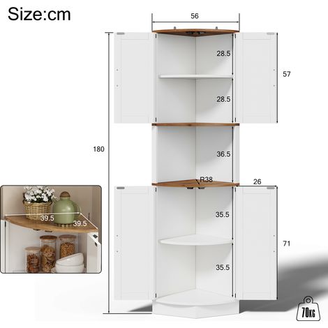 Meuble d'angle vintage 39,5x39,5x180cm, rangement 5 étagères, armoire cuisine bois blanc effet chêne, style rustique, gain de place, idéale salon, cuisine, salle à manger, avec anti-bascule.