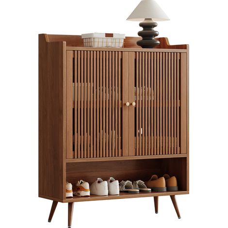 Meuble à chaussures avec portes à rainures verticales, niche ouverte, étagère fixe, poignées aluminium et pieds en fer, pour entrée, bois foncé, CHICFURN (1/5)