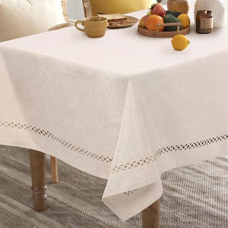 Tischdecke Leinenoptik 100x140 cm Cremefarben Wasserabweisend Abwaschbar mit Spitzenrand