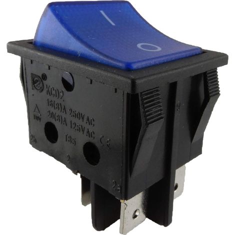 Interrupteur à bascule encastré 2 pôles Bleu 16A 250V Avec éclairage intégré Pour tableau électrique et machines industrielles (1/4)