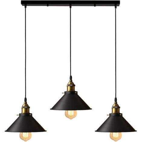 Suspension à 3 lumières, style industriel, lustre Edison en métal avec tige de support de 50 cm, Ø 22 cm, noir (1/2)
