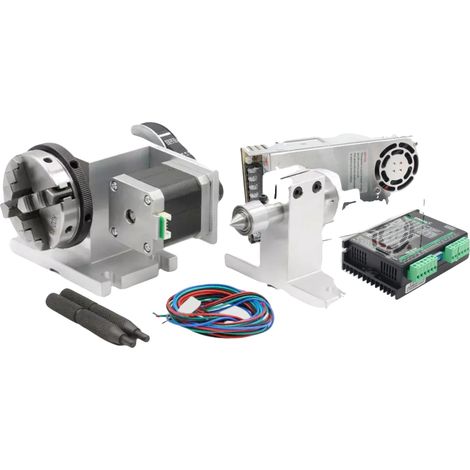 Eje giratorio, sujeción de alta precisión, motor paso a paso Nema 17, mordazas de 4 garras K12-65 mm, controlador y alimentación. (1/2)
