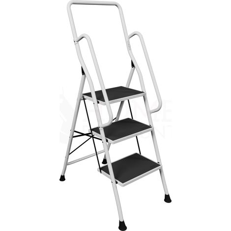 3-stufige Klappleiter aus robustem Stahl mit Handlauf und rutschfesten Stufen, faltbar und tragbar, Weiß, H 137 x B 46 x T 67 cm (1/5)