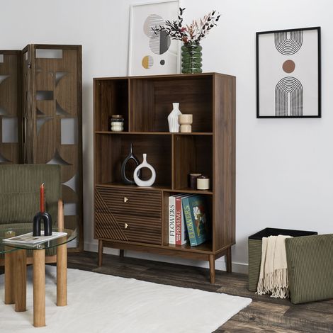 The Home Deco Factory – Bibliothèque vintage marron avec 5 étagères – Design géométrique en bois – Rangement idéal pour livres et objets déco