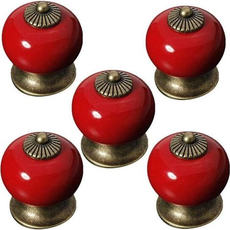 Set di 5 pomelli rotondi in ceramica per mobili – Maniglie in porcellana rossa rustica, diametro 30 mm, fissaggio a vite