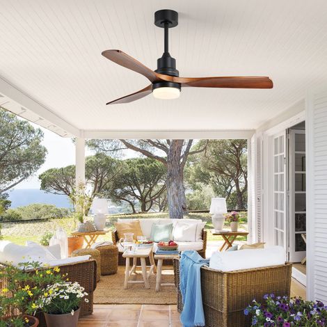 Ventilador de techo con luz, mando a distancia, 6 velocidades, motor DC reversible silencioso, madera maciza y metal, 132 cm, diseño moderno, negro (1/5)