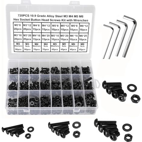720 Pièces Vis à Tête Hexagonale, Vis à Six Pans Creux,Vis à Tête Bombée M3/M4/M5/M6, Vis à Métaux en Acier allié de qualité 10,9 Noir, Boulons et écrous Rondelles Avec 4 Clés Hexagonales. (1/5)