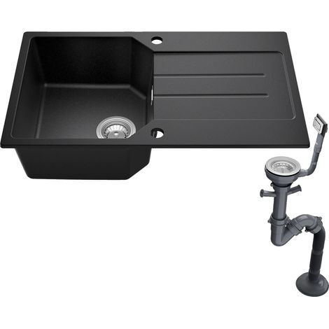 Fregadero de cocina con escurridor integrado, material resistente a los arañazos, color negro. (1/2)