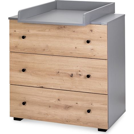 Monmobilierdesign – Commode bébé avec plan à langer amovible – Dimensions 80x48x81 cm – Bois aggloméré gris – 3 tiroirs sur rails coulissants