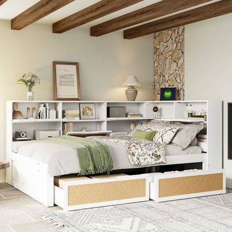 Lit avec Tiroirs 140 x 200 cm bois massif blanc multifonctionnel compartiments de rangement port de charge (1/5)