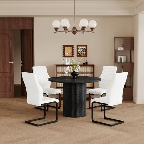 Set da pranzo MDF e metallo nero/bianco 4 posti, tavolo rotondo 100 cm con 4 sedie imbottite (1/5)