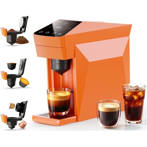 Machine à café 3 en 1 pour capsules de café jetables et café moulu, machine à expresso 19 bars avec réservoir d'eau de 800 ml, contrôle tactile, orange (1/5)