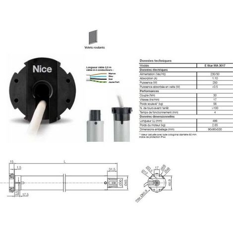Moteur Era Star MP Ø45mm,filaire 30Nm 17Rpm,max 56kg,fin course électroniq. NICE (1/2)