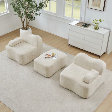 Canapé modulable L 2 places sans structure intérieure avec 1 pouf, forme ondulée, coussins d'accoudoirs mobiles, pour salon et appartement, sans montage nécessaire, couleur beige (1/5)