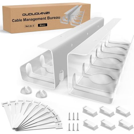 Set de 2 Chemin de Câble, Cable Management Bureau Blanc, Range Cable Bureau, Cache Cable, Goulotte Passe Cable, Organisateur de Cable pour La Gestion des Câbles et des Multiprises (1/5)