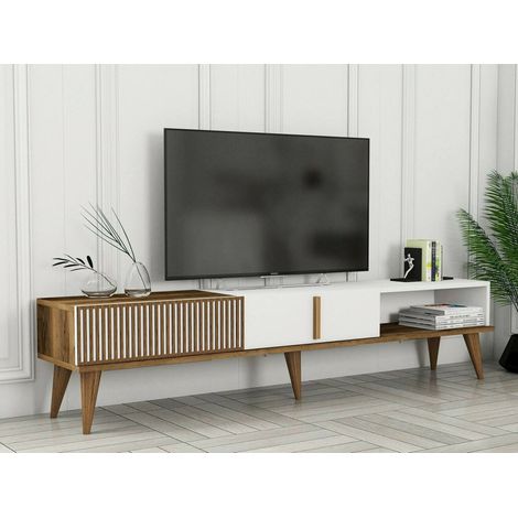 Dmora - Mueble de televisión Aquila, Aparador de salón, Mueble bajo para TV, Base de pared equipada, 180x35h40 cm, Nogal y Blanco, con embalaje reforzado (1/5)