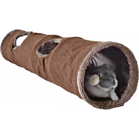 Bardusch-Tunnel pliable 130 x 30 cm pour grands chats, en daim avec deux trous et balle à bulles (1/4)