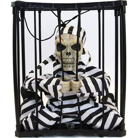 Halloween-Dekorationen für ein Spukhaus: ein gruseliges, animiertes, schreiendes Skelett, gefangen in einem Käfig mit leuchtenden Augen. (1/5)