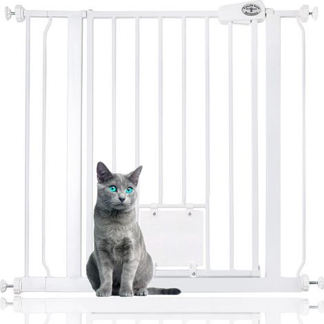 Bettacare Pet Gate with Lockable Cat Flap, 81.4cm - 89cm, White, 75cm in Height, Dog Safety Barrier with Cat Flap