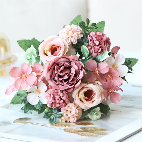 LEDANDER Deux bouquets artificiels réalistes, bouquets à main, compositions florales artificielles, idéaux pour la décoration de mariage - Rouge (1/5)