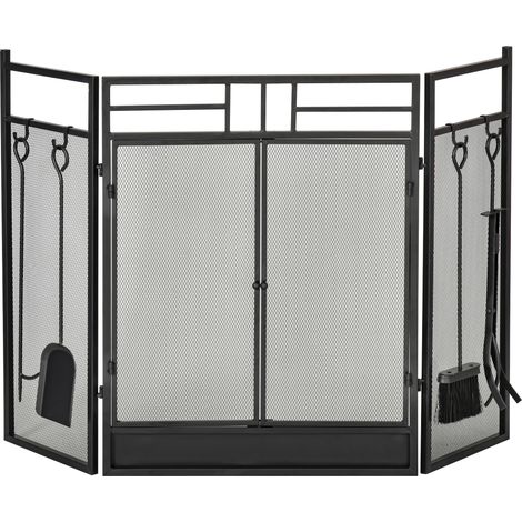 Pare-feu 2 en 1 pour cheminée ou poêle - 3 volets pliables et porte, métal noir - Serviteur de cheminée avec accessoires - Pare-étincelles large - Design pratique (1/5)