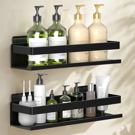 2 Pièces - Étagère Salle De Bain - Accessoire Douche - Rangement Sans Percage Avec Adhésif Ou Vis - Pour Carrelage Verre Bois Peint - Noir - 30x15cm