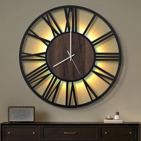 1 Horloge Murale 60CM, Silencieuse sans Tic-Tac, LED Activée par Son, Style Bois Métal, Chiffres Romains, Salon Chambre Bureau (1/5)