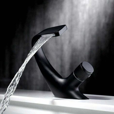 Grifo de lavabo de baño de un solo orificio en cascada de latón de diseño de lujo, color negro (18 x 13 cm) (1/4)