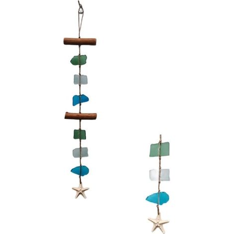 Carillon à vent bohème en verre de mer fait à la main en bois flotté - Décoration de plage côtière à suspendre pour intérieur ou extérieur - Décoration bohème avec étoile de mer en résine (A) (1/5)
