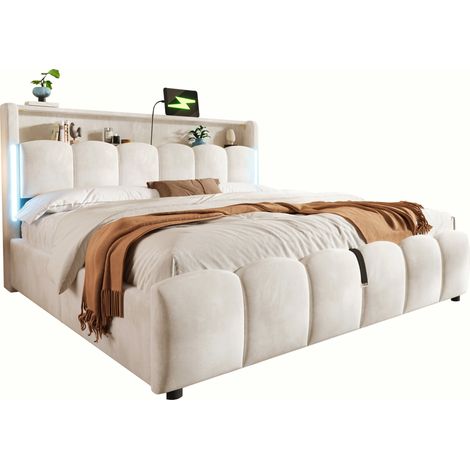 CHICFURN Cama tapizada 180x200 cm con LED, cabecero con arcón, elevación hidráulica, USB y Tipo C, terciopelo beige, sin colchón para dormitorio moderno (1/5)