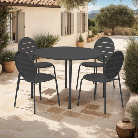 Ensemble table 110 cm + 4 chaises rondes en métal gris - BACA