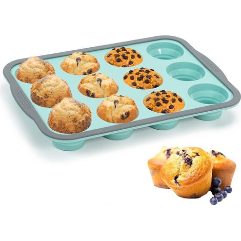 Teglia per muffin a 12 cavità - Dimensioni standard - Silicone - Con struttura in metallo - Antiaderente - Per cupcake, brownies, budini - Senza BPA (1/5)