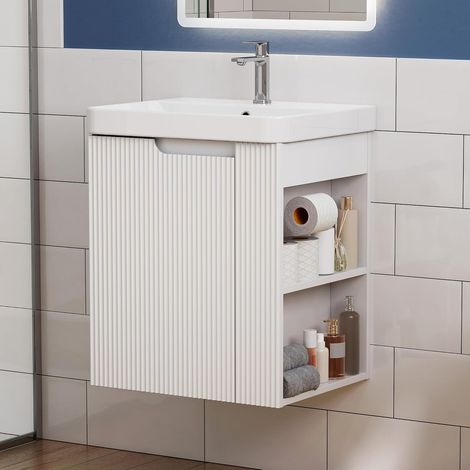 HOROW Meuble vasque 50 cm Blanc brillant avec vasque en céramique – Meuble de salle de bains suspendu avec rangement (1/5)