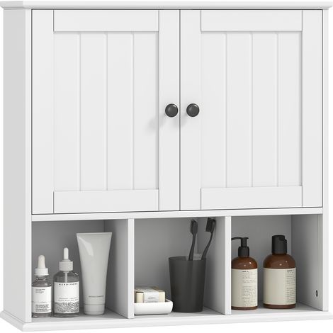 Armoire murale de salle de bain, meuble de rangement avec 2 portes, étagère réglable et compartiments ouverts, blanc (1/5)