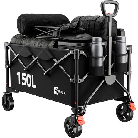 SUNULA Bollerwagen Faltbar Handwagen 120kg Tragkraft, 150L, mit Ein-Klick-Handgriff & geländegängigen Rädern, Schwarz (1/5)