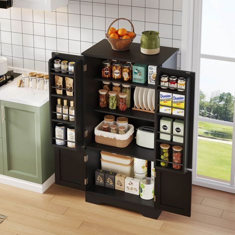 Armario Auxiliar de Cocina con 4 Puertas, 2 Estantes Ajustables, Luz LED y Estantes en Puerta, de MDF, 120×60×40 cm (1/5)