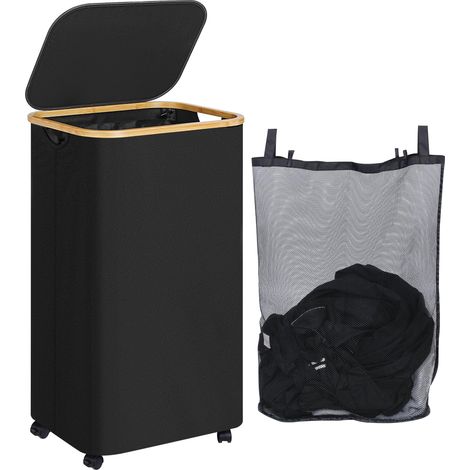 Cesto para ropa sucia con ruedas de 100 l, extragrande, con bolsa interior extraíble y lavable, alto, con tapa para toallas (negro)
