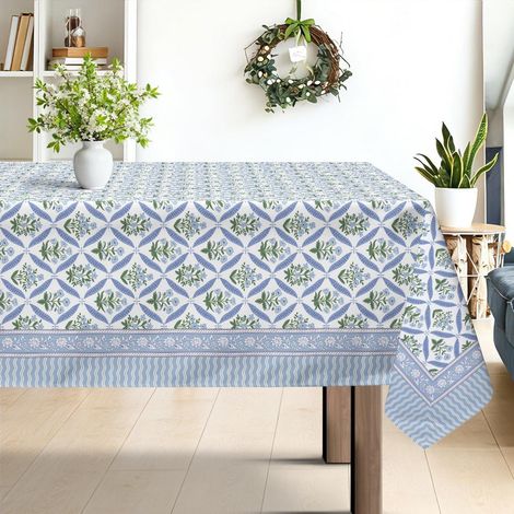 Tischdecke 152x264cm Blau Blumen Garten Provence Rechteckig Pflegeleicht
