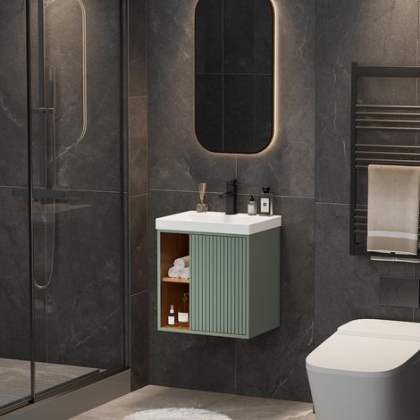 UEV Meuble Lave-Mains Suspendu avec Lavabo en Résine - Meuble de Salle de Bain Mural Gain de Place - Design Moderne à Lignes Verticales et Poignées Métalliques - Rangement Caché, 50x38x55cm, Vert