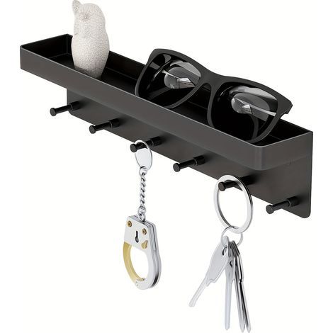 Mensola nera per cucina, mensola per bagno da 24,575,3 cm con portachiavi e porta piccoli oggetti sul retro dell'anta. (1/5)