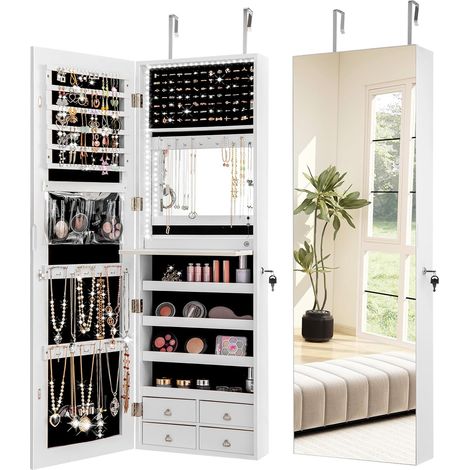 GOPLUS Armoire a Bijoux avec Miroir, Armoire à Bijoux Murale 2 en 1 avec Lumière LED, Tiroirs, Verrouillable, Organisateur de Bijoux sur Porte pour Femmes Filles, Blanc (1/5)