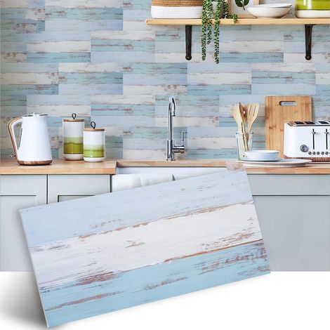 Lot de 12 autocollants de carrelage en vinyle imperméable et antidérapant pour sols et murs Bleu et turquoise 30 x 15 cm (1/5)