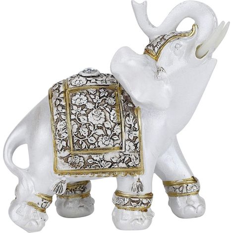 Statue éléphant Feng Shui, figurine éléphant blanc trompe levée, décoration maison en porcelaine dorée fleurie, taille L, porte-bonheur (1/5)