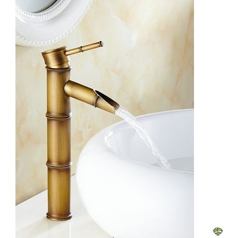 Robinet de Bassin Monotrou en Cuivre Antique en Bambou Robinet d'art de bassin robinet de bassin chaud et froid avec tuyau d'arrivée d'eau de 80 cm (1/5)