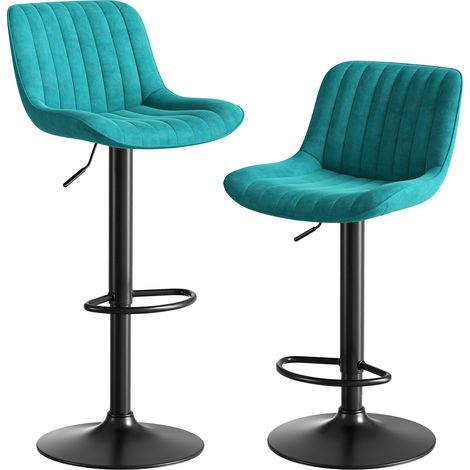 Tabourets de bar bleus en velours, lot de 2, réglables en hauteur avec rotation à 360° (1/5)