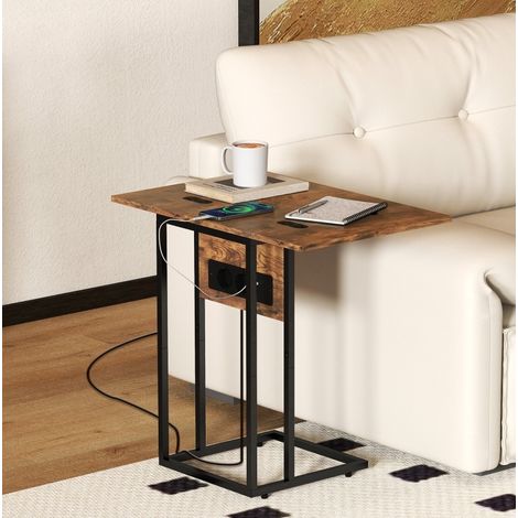 Mesa auxiliar plegable con estación de carga USB, metal, marrón DESVIAE (1/5)