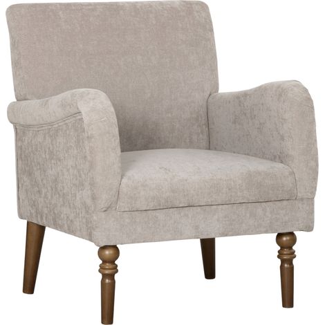Fauteuil Ourval élégant confortable en tissu taupe clair pieds bois massif (1/4)