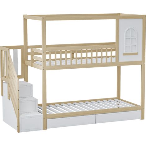 Letto a soppalco per bambini 90 x 200 cm in legno naturale, casetta con finestre, scala e cassetti (1/5)