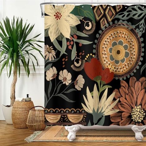 180 cm großer Boho-Duschvorhang, Duschvorhang mit floralem Bohème-Blättermuster, schimmelresistenter, wasserdichter Badewannenvorhang, waschbarer Badezimmervorhang aus Polyestergewebe mit 12 Haken
